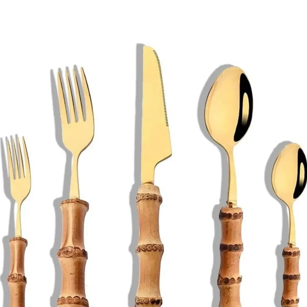 Gold- plated stainless steel natural bamboo cutlery set by US designers Natalia